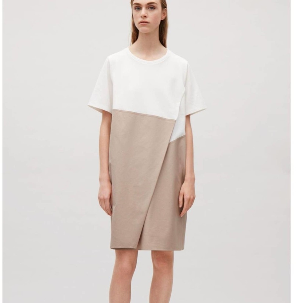 COS Dress Overlap Detail White Tan Medium Oversized